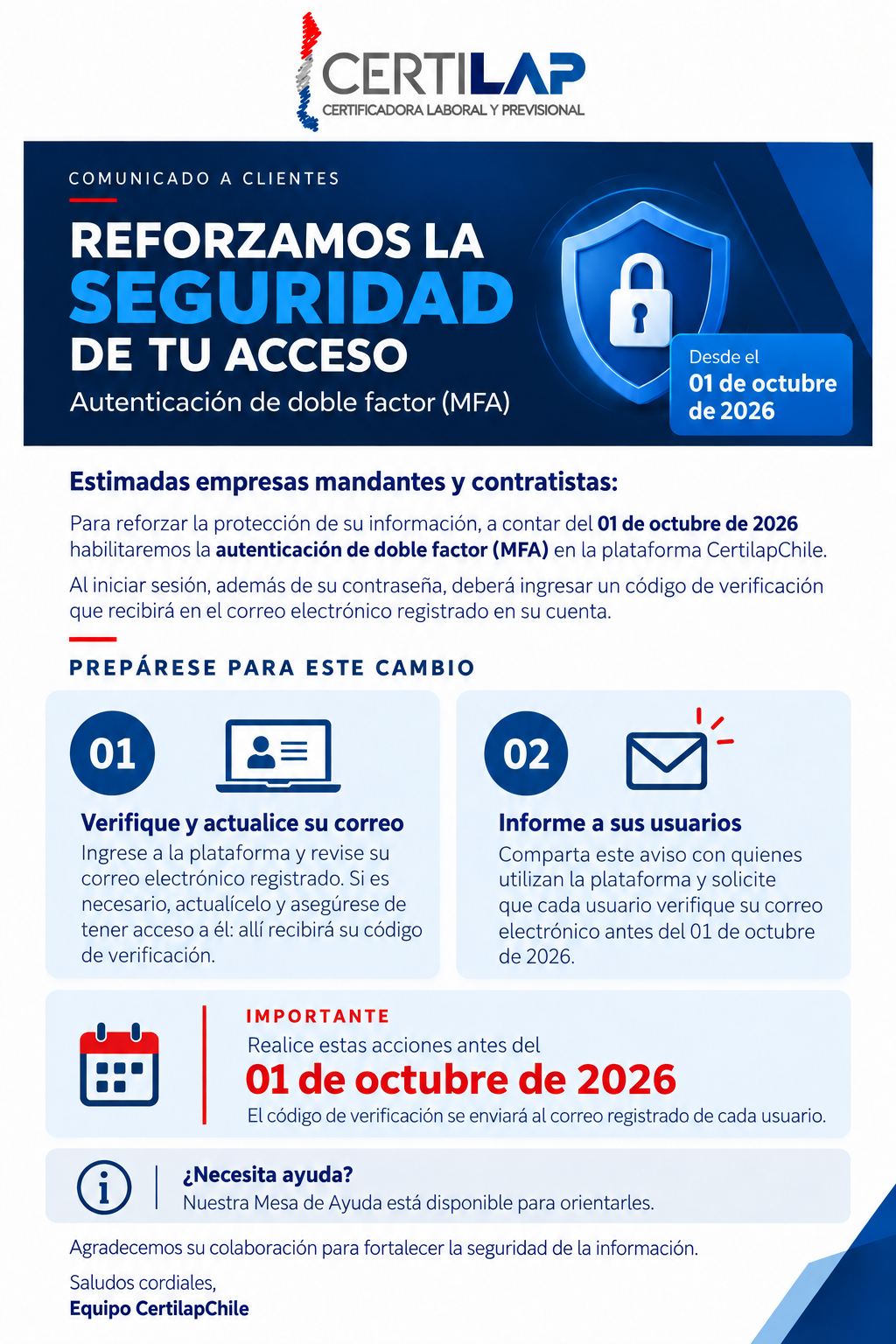 Comunicado a clientes: autenticación de doble factor desde el 01 de octubre de 2026